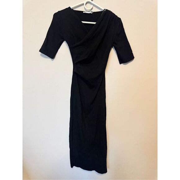 Zara Dresses & Skirts - ZARA BLACK Drape Short Sleeve Long‎ Dress Fit To Body Size small NWOT